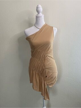 Alexander Wang Mini Beige Ruched Dress 0 Asymmetric One-Shoulder Minimal Luxury